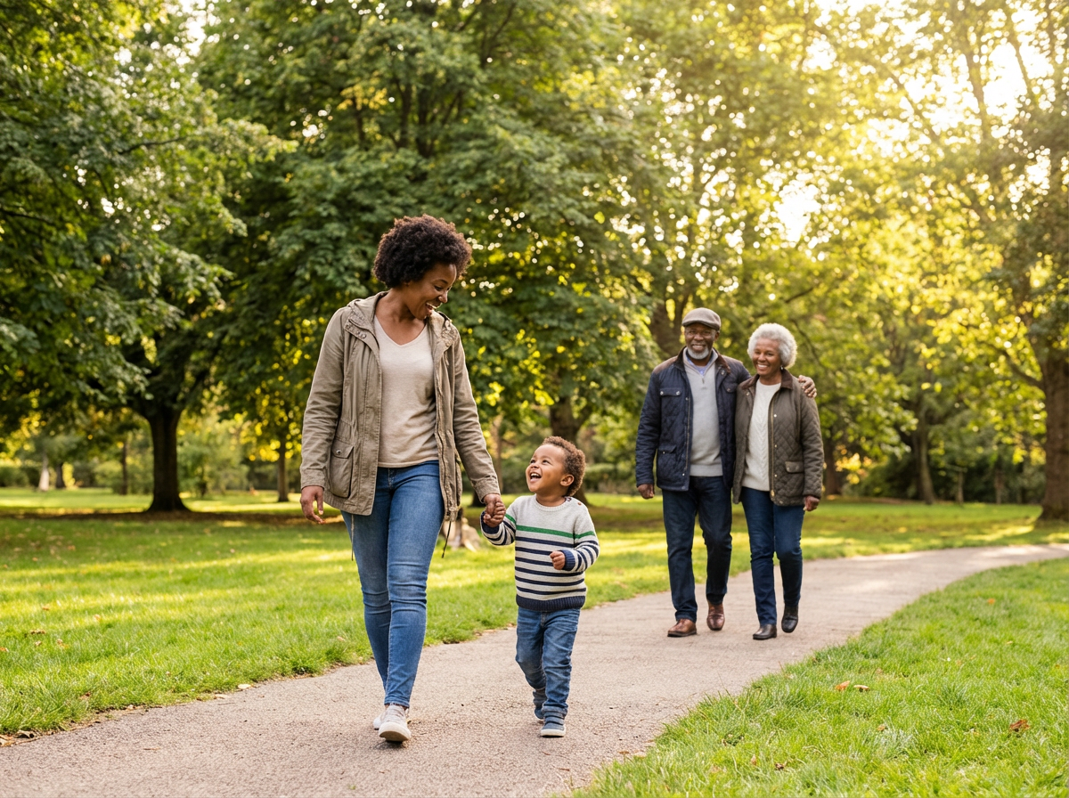 Family walking in park